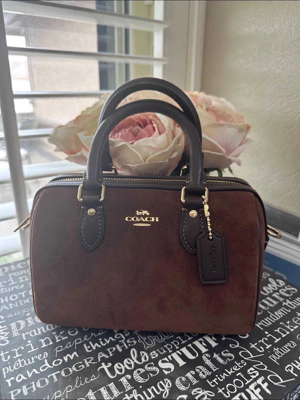 NWT Coach mini Rowan in vintage brown suede